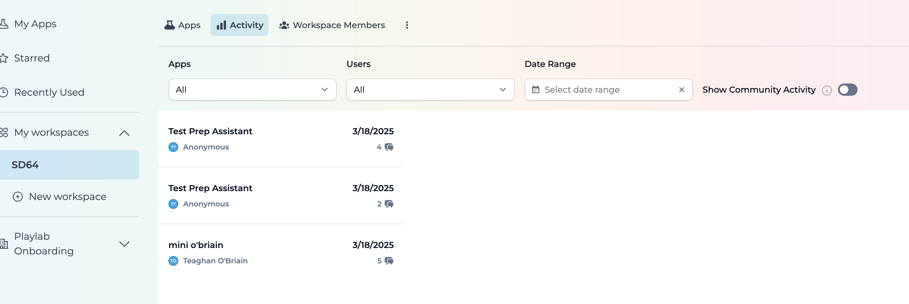 Screenshot showing the Activity tracking in Playlab